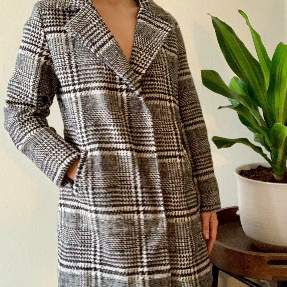 Plaid Snap-Front Collared Coat